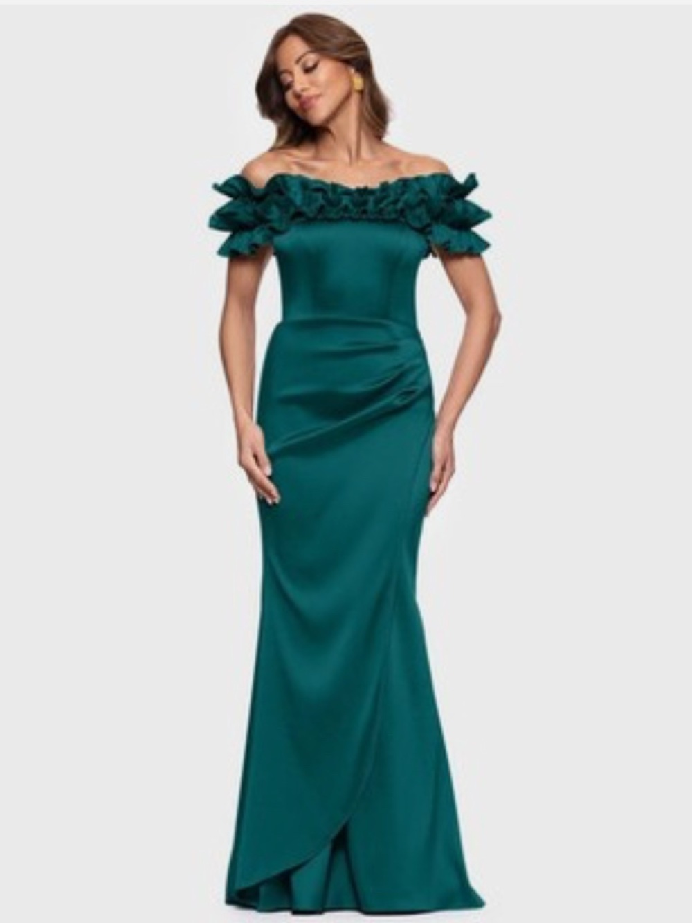 Xscape Teal One-Shoulder Ruffle Satin Evening Gown